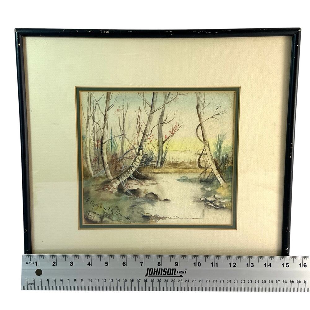 Elizabeth Gunn Signed Original Watercolor Woodland Stream Framed 15.5x14.5 - Picture 4 of 6